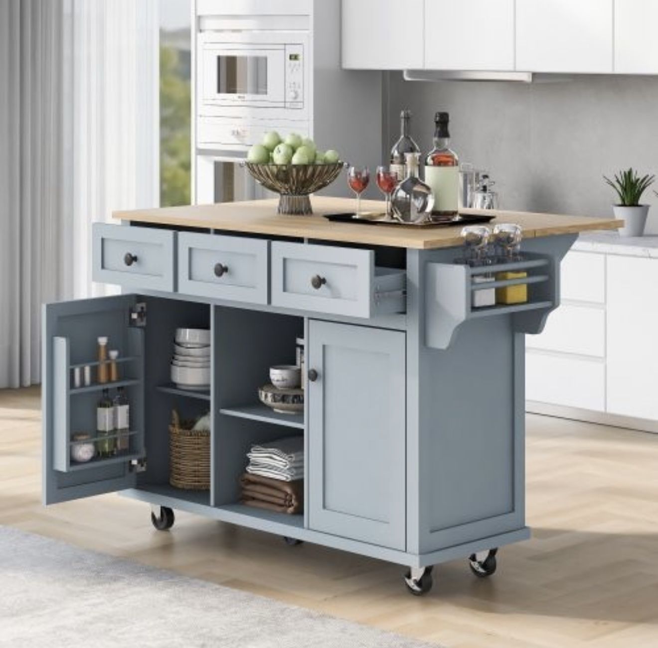 NEW Grey Blue Rubber Wood Kitchen Cart with Drop-Leaf and Towel Rack