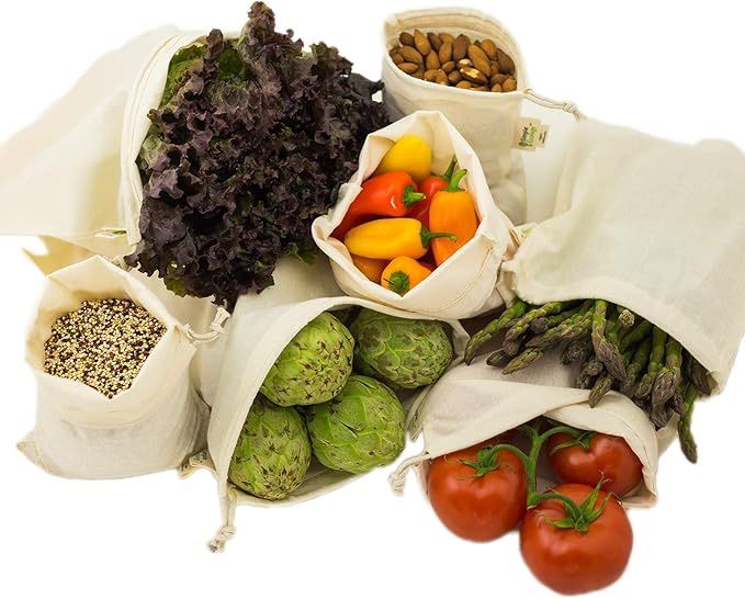 (3) Reusable Grocery Produce Shopping and Storage Bags, Organic Cotton Muslin