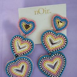 Blue & white color  beaded  long heart earrings