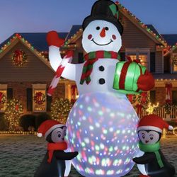 6ft Christmas Inflatables Snowman with Penguins Built-in Rotating Colorful LED