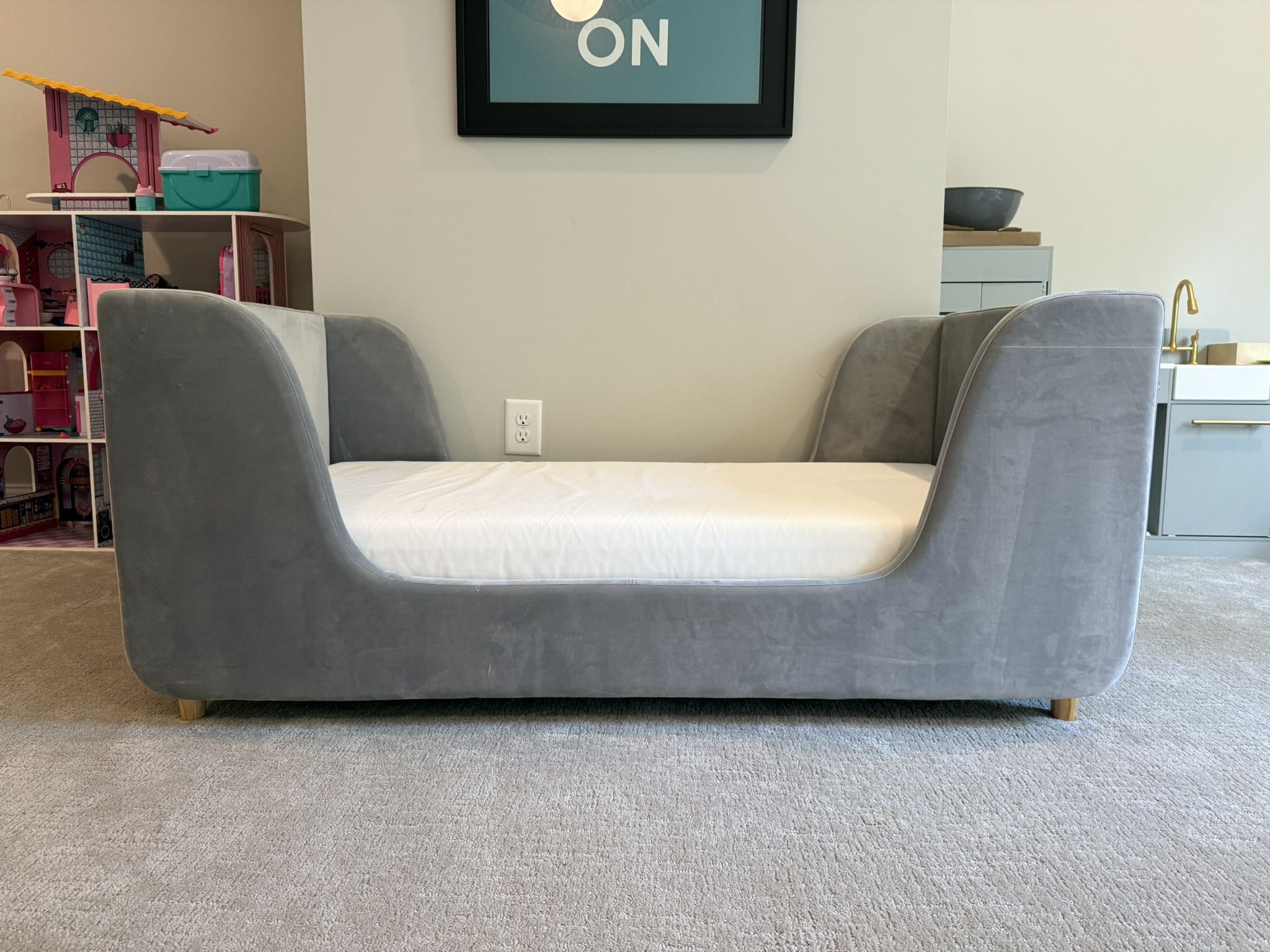 Modern Gray Velvet Toddler Bed And Mattress