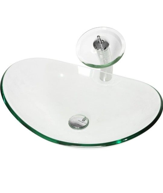 WALCUT USBR4020 Oval Clear Tempered Glass Vessel Sink Bath Bowl with Art Faucet Set
