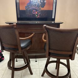 Solid Mahogany Home Bar with Granite Top & 2 Swivel Bar Stools