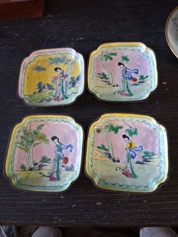 Set of 4 Antique Chinese Canton Enamel Trinket Dishes - Hand-Painted Copper