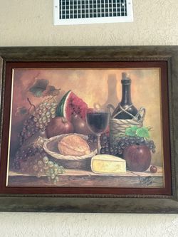 Framed Still Life Painting with Wine and Fruit