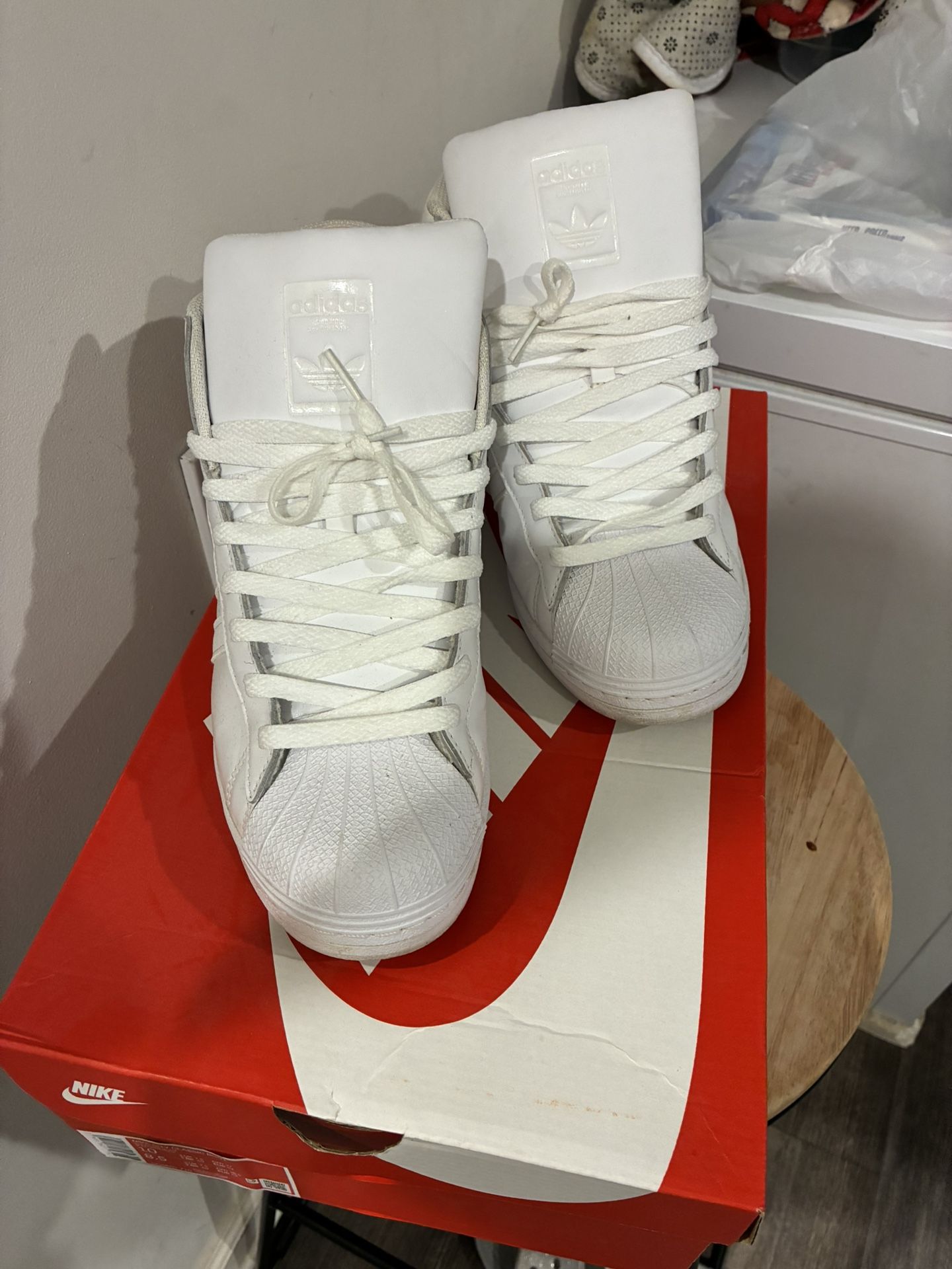 Men’s Adidas, white tennis shoes