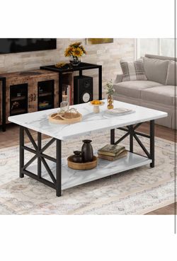 AWQM Faux Marble Coffee Table for Living Room with Round Corners,2 Tier Living Room Table with Storage Shelf,Rectangular Coffee Table Center Table for