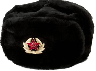 Black Russian Ushanka Hat with Soviet Badge