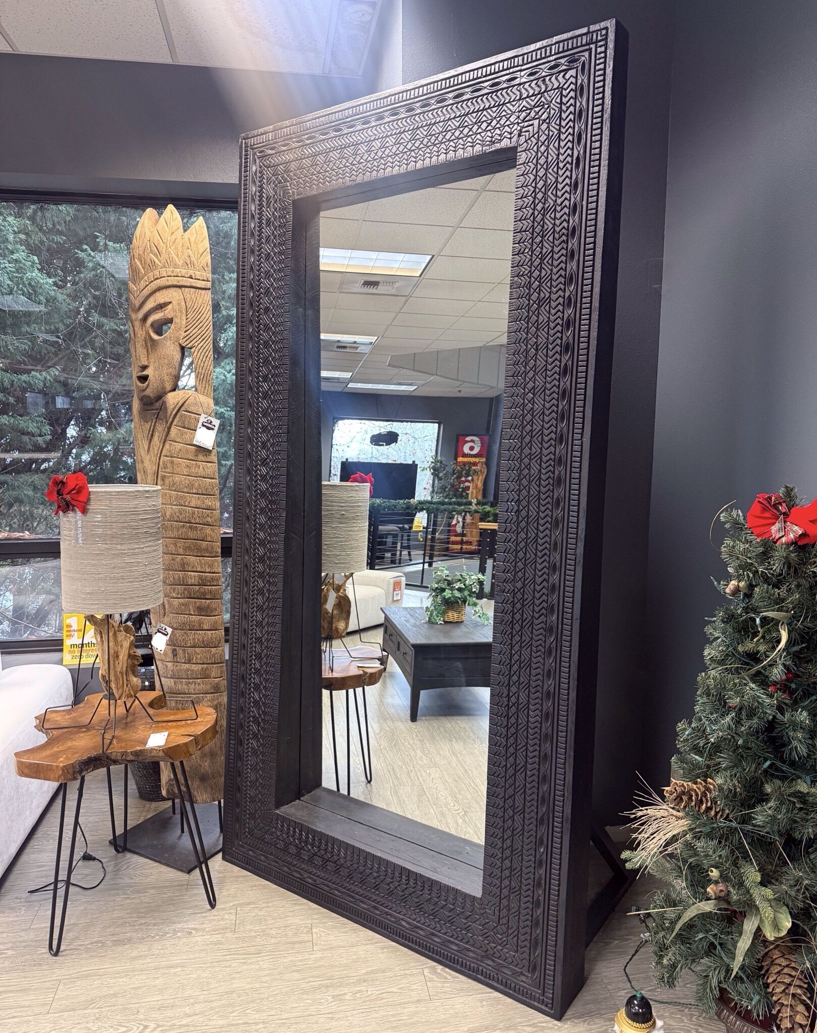 Black Solid Wood Hand Carved Frame Mirror - Cola