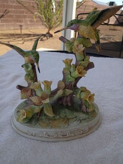 Porcelain Hummingbird Figurine with Flowers