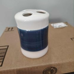 Ceramic White And Blue Toothbrush Holder 