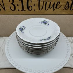 8 Vintage Wawel Fine Bone China Tea saucers Purple pansies Platinum Edging