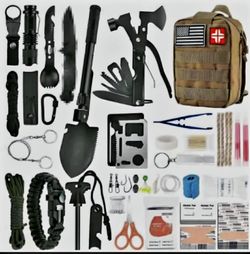 New 40 piece Survival or Camping Gear Set. Hatchet Knives Fire Starter Bandages and more