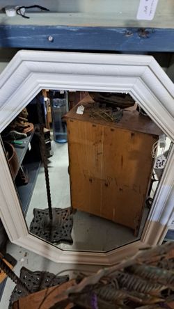 Mirror, wood border, white boarders, wall hanging about 3 foot tall