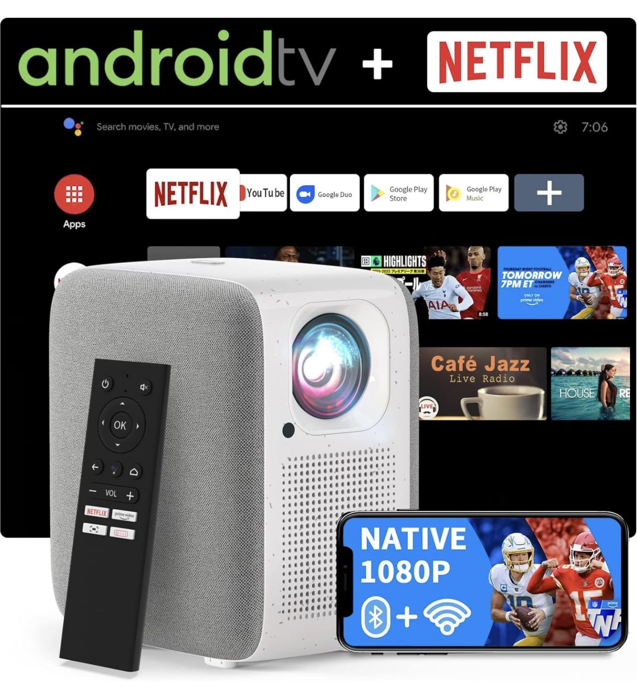 BRAND NEW Native 1080P FHD Projector, 4K projector with Netflix-Certified, Android TV10.0, 5000+ Apps, 450 ANSI, Stereo Speaker, 5G WiFi & Bluetooth,