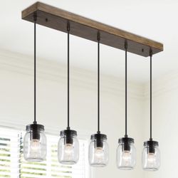 Uolfin Firefly 5-Light DIY Mason Jar Island Chandelier Pendant Light with Rustic Faux Wood Accents