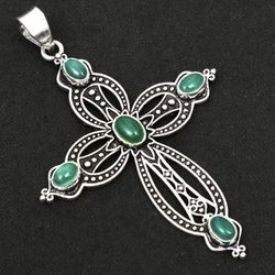 Natural Green Onyx Silver 2.5” Cross Pendant