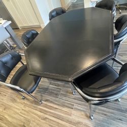 6 Rolling Dining Chairs & Black Expandable Table 