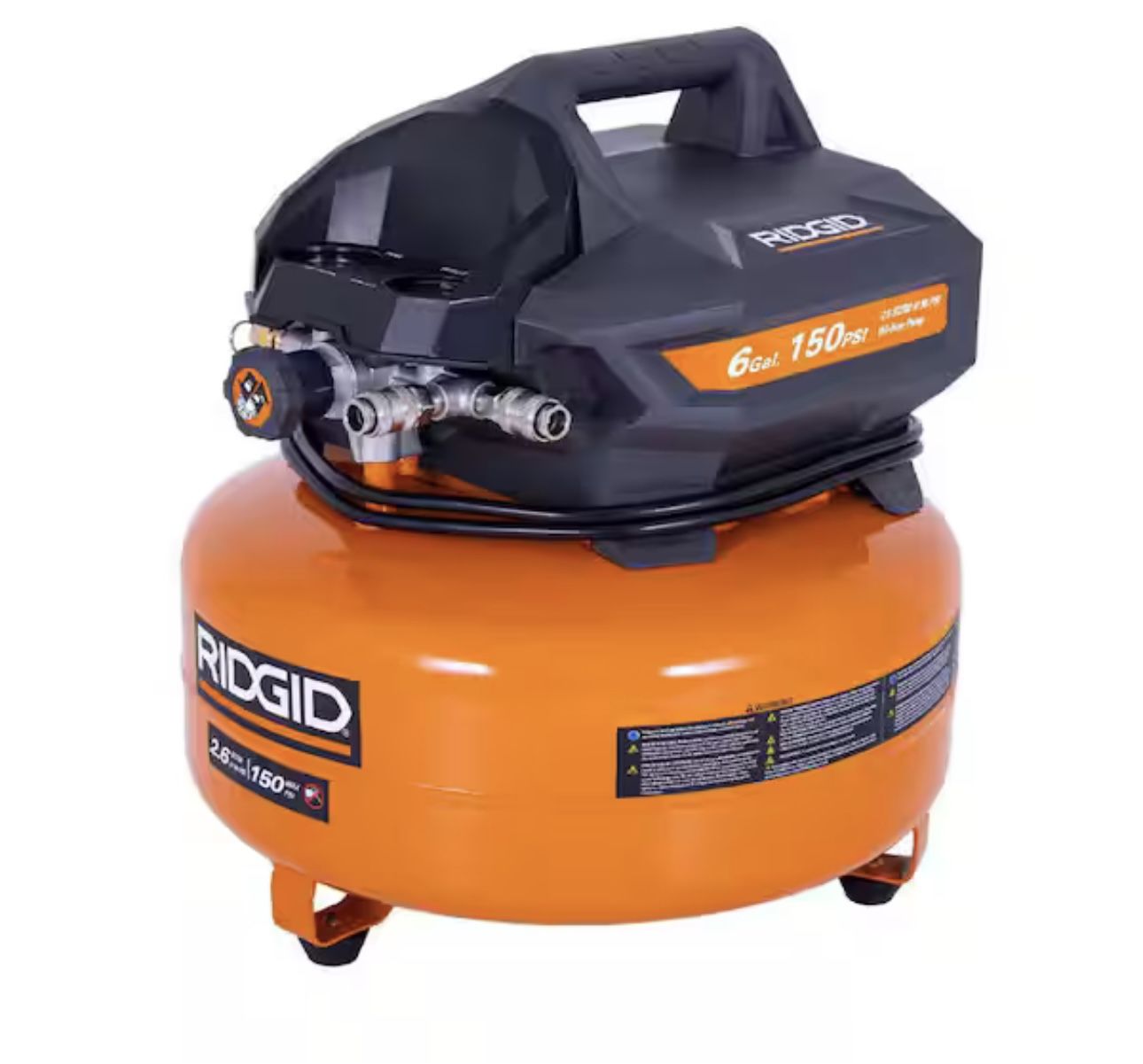 RIDGID 6 Gal. 150 PSI Portable Electric Oil-Free Jobsite Pancake Air Compressor with Dual Pressure Gauges and 2-Quick Couplers