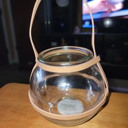 NEW ROUND GLASS LANTERN WITH LEATHER STRAP 5"T X  3"W  OPENING