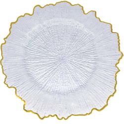 Henilosson 6 Pack 13" Plastic Round Reef Clear Charger Plates ，With Rim gold Dinner Acrylic Charger Plates (6，Reef Gold Clear)