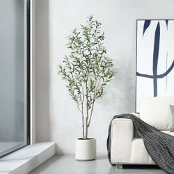 5.8 ft Artificial Olive Tree Tall Fake Olive Trees for Indoor Faux Olive Silk Tree with White Planter,Floor Plant Home Office Modern Decor Housewarmin