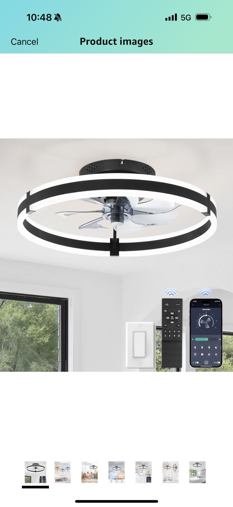 ZMISHIBO Ceiling Fans with Lights and Remote, 19.7'' Low Profile Ceiling Fan, 3000-6000K Dimmable Modern Flush Mount LED Fan Light, 6 Wind Speeds, Bla