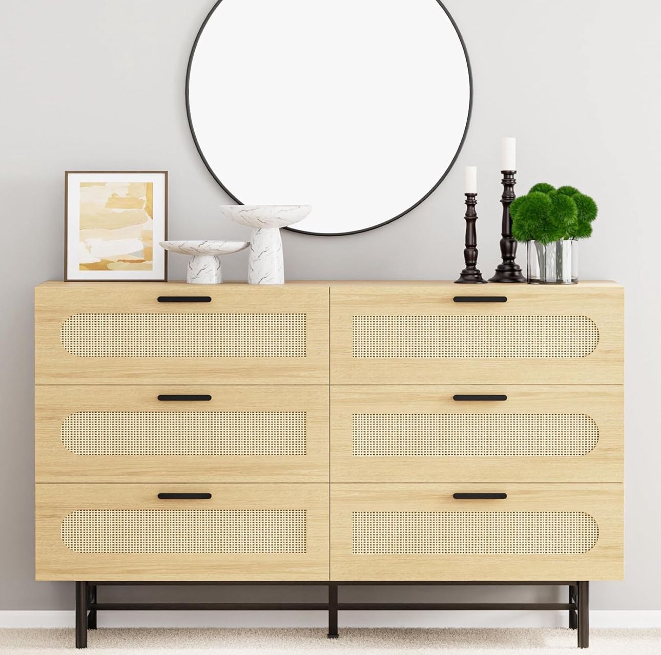 6 Drawer Double Dresser for Bedroom, Natural Rattan Chest with Drawers, Modern Wood Boho Dresser with Handles, Storage Closet for Closet, Living Room