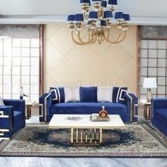 Brand New Beautiful 2PC Blue And Gold Living Room Set—Chair Also available