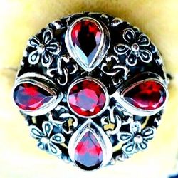 Large Heavy Sterling Silver Dome Ring Garnished with 5 bold Garnets