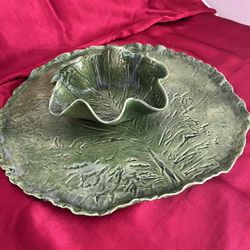 Green Ceramic Platter With scalloped Bowl