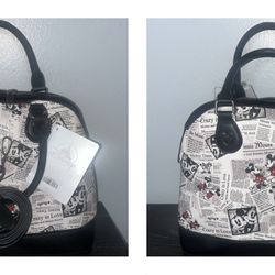Disney Parks Authentic Mickey & Minnie Mouse Newsprint Satchel Handbag w/ strap inside (NWT) 