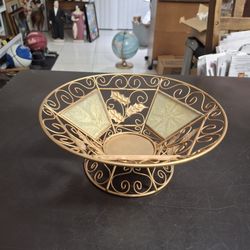 Vintage Brass With Stained Glass Pedestal Caged Bowl With Holly Berry Design, Great For Tealights 9.5"W X 4"H 