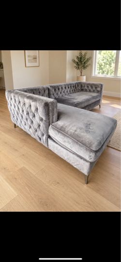 Gray Velvet Tufted Sectional Sofa