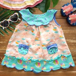 12MOS MATILDA JANE MULTICOLOR FLAMINGO & BEACH BALLS SCALLOPED HALTER COTTON TUNIC