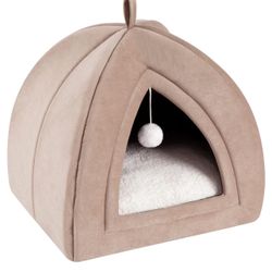 TILLYOU Cat Bed for Indoor Cats, 2-in-1 Cat House for Indoor Cats Clearance, Warm Dog Tent with Removable Cushioned Pillow, Padded Sponge Cave for Sma