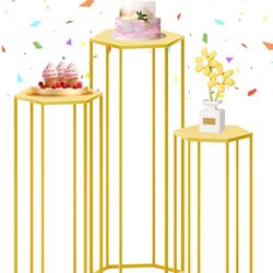 Hexagon Pedestal Stand Set of 3 Gold Cylinder Stands for Party Metal Cylinder Pedestal Stands Tall Cake Table Stands Cylinder Tables for Parties Cilin