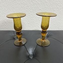 Amber Glass Candlestick Holders Set of 2 - Vintage Decor