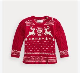 Ralph Lauren Red Fair Isle Cotton Wool Peplum Christmas Reindeer Sweater 12 Mon