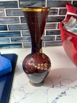 Deep Red Glass Vase with Gold Trim