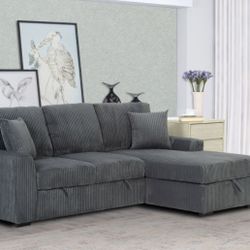 NEW OFFER🔥 Dark Gray Fabric RHF Pull Out Sectional Sofa & Storage 