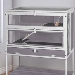 Large Wooden Guinea Pig Cage, Indoor Small Animal Habitat for Hamster, Rabbits, Chinchillas, Rats, Squirrels, Gerbils with Storage Shelf(Off