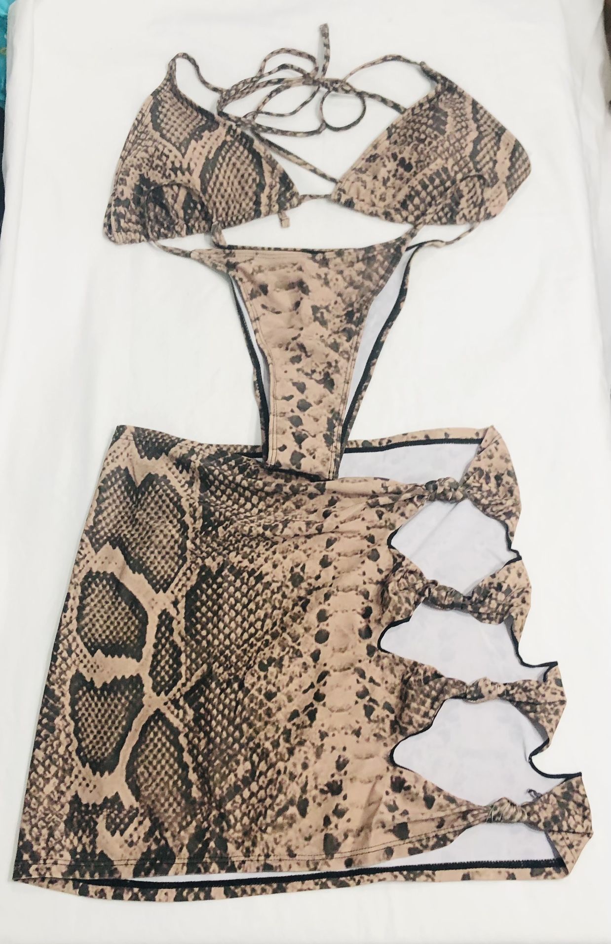 Swimsuit Snake sarong bikini skirt neck strings top bras brown.L
