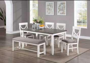 Farmhouse 6pc Dining Set height 5x3 table white and gray 4 upholstered chairs and matching upholstered bench. pick up delivery available