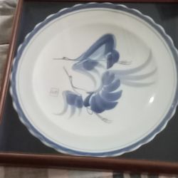 Ono Japan Cranes In Flight Serving Platter. Hand Painted Round 15 Inches , VTG