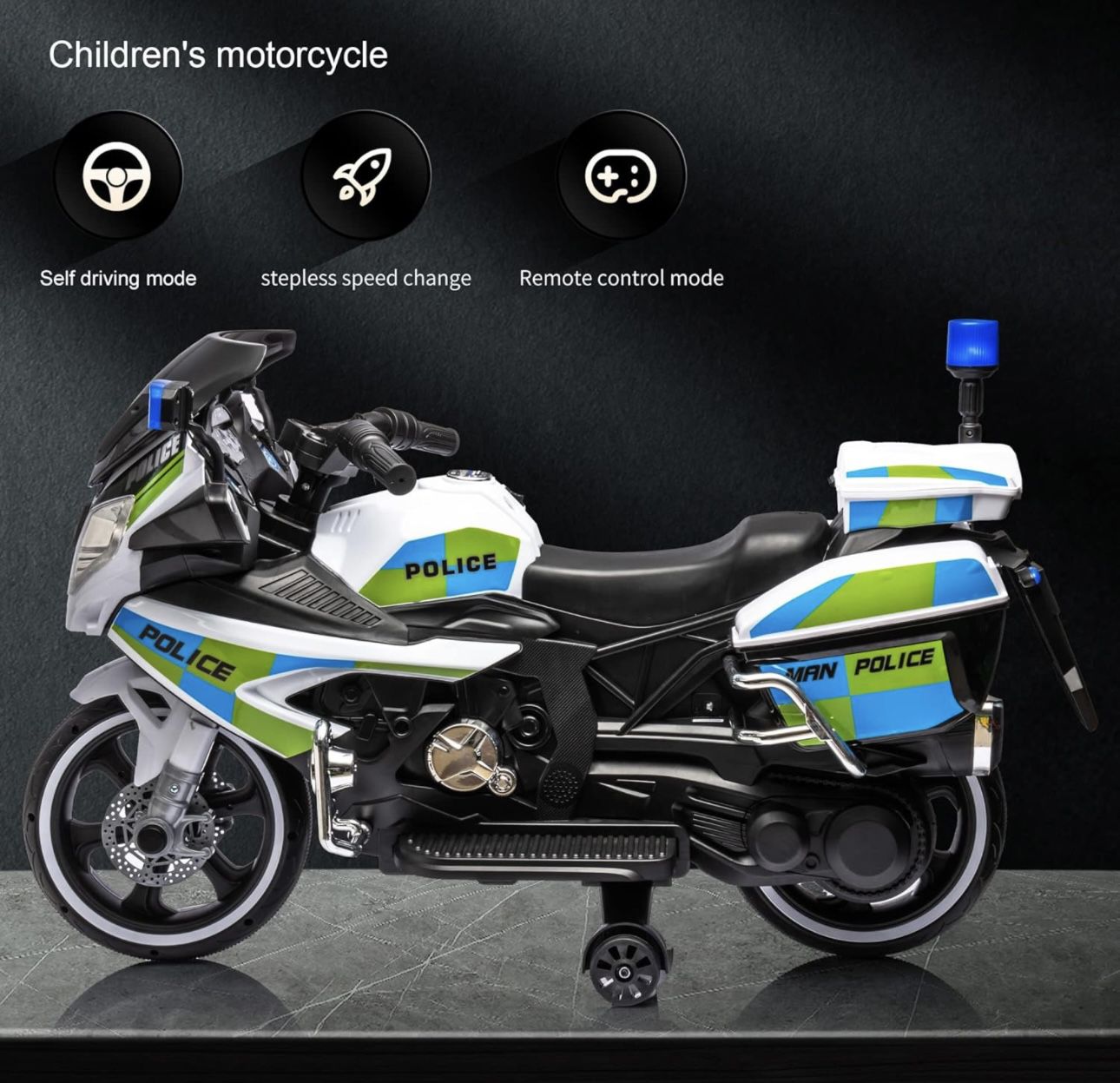 Kids Ride on Motorcycle,12V Toddler Motorized Ride on Toys,Police Electric Motorcycle with Training Wheels,Forward/Reverse,Alarm Lights,Power Display,