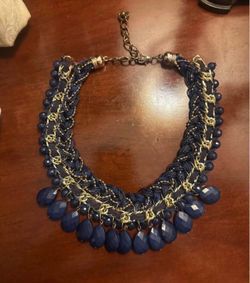 Navy Blue Statement Necklace with Gold Chain Accent