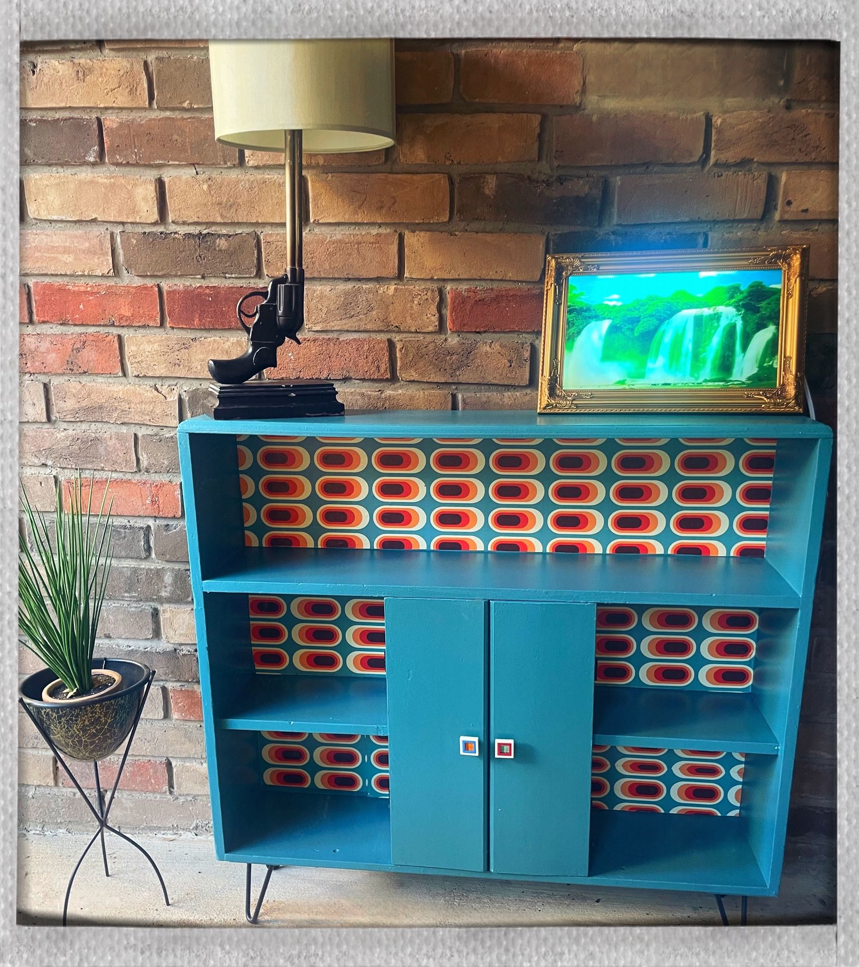 Mid-Century Modern Turquoise Cabinet | Retro Backsplash + hairpin legs