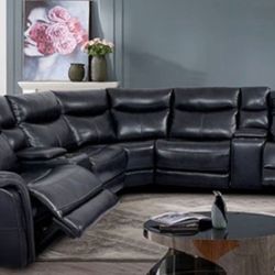 Brand New Blue Top Grain Leather Power Reclining Sectional Sofa 