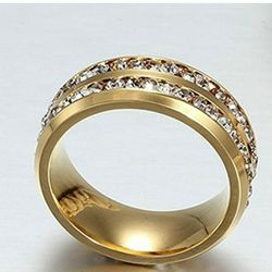 Size 8  Mens And Womens  Fashion Wedding Ring  Double Rows Rhinestones Titanium